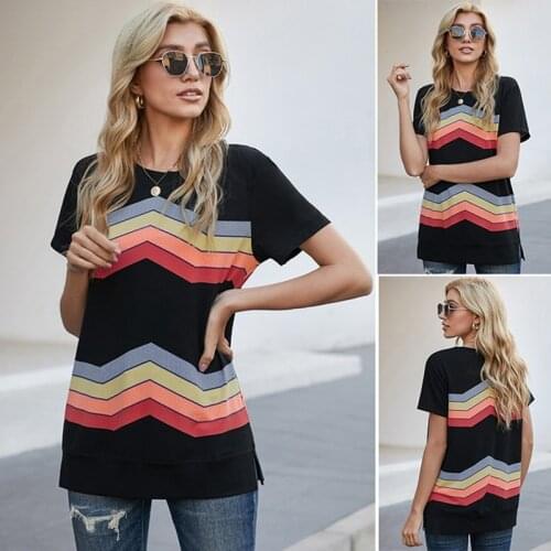 WomenS Wave Pattern Short Sleeve T-Shirt Female Shi Ying European and American Large Size Loose Pullover Black