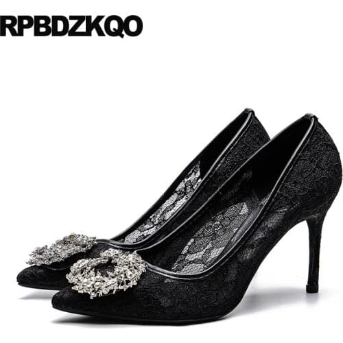 Pumps party medium heels red prom shoes jewel high lace size 33 women rhinestone diamond big pointed toe crystal scarpin black