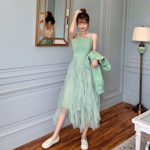 2020 Autumn Small Fragrant 2 Pieces Clothing Set Women Green Mesh Corduroy Vest Dress+ Corduroy Short Jacket Coat Vintage Suit