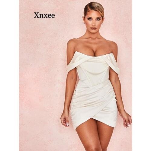 Ivory Satin Corset Dress Women Mini Off Shoulder Sexy Party Club Dress Bodycon Draped Lady Summer Dress