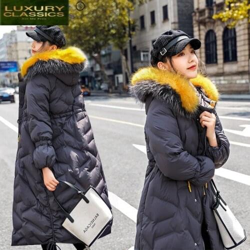 Woman Coat Winter ZVAQS 2021 White Ducn Down Jackets Female Real Raccoon Fur Collar Parkas Womens Long Coats Abrigo Mujer TN158