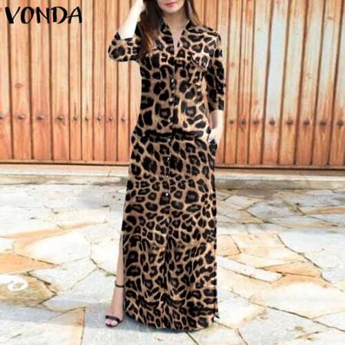 VONDA Women Shirt Dress Vintage Leopard Print Long Sleeve Lapel Button Down Side Slit Maxi Dresses Bohemian Vestidos Plus Size