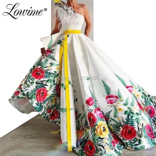 Floral Pattern One Shoulder Arabic Evening Dress 2020 Islamic Dubai Kaftan Feather Prom Dresses Custom Robe De Soiree Party Gown