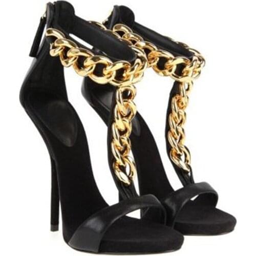 Sexy lady black leather T strap gold chain woman high heel sandal gold chains open toe high heel T strap sandal woman summer