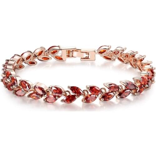 OBYB Brand Fashion Leaf Shape Charm Red Color Crystal AAA Cubic Zircon Jewelry Bracelets For Woman Elegance Wedding Party Gift