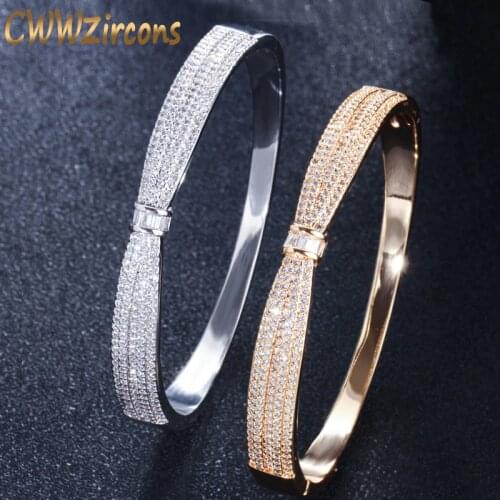 CWWZircons Fashion Women Accessories CZ Stones Yellow Gold Color Round Open Cuff Bangles Luxury Brand Designer Jewelry BG018