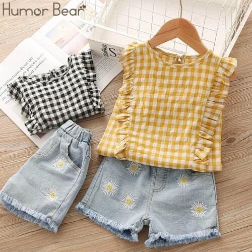 Humor Bear Girls Summer Clothes Brand New Children Lace Stripe Girl Tops+ Denim Pant 2PCS Set Baby Girls Clothing Suit