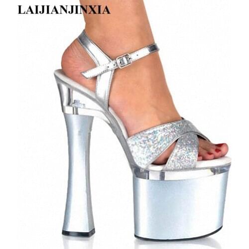 LAIJIANJINXIA Sexy Sequined Fashion Supermodel Catwalk 18CM High Heels Shoes 7 inch womens Wedding Sandals Night club Star Shoes