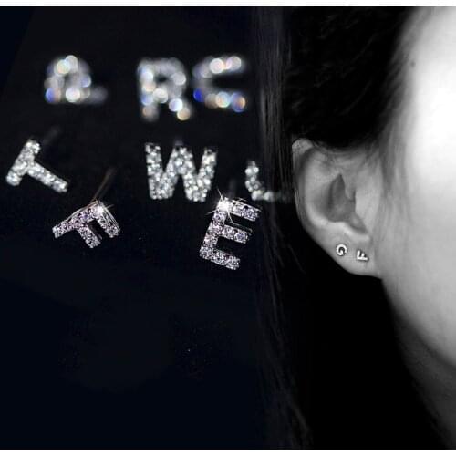 Simple Female Letter A-Z Stud Earrings Real 925 Sterling Silver Earrings For Women Dainty White Crystal Small Wedding Earrings