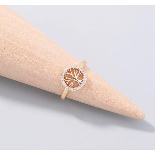 Fashion Micro Inlay Zircon Luxurious Hollow Tree of Life Ring Wedding Jewelry for Women Party Gift Copper Gold Open Rings