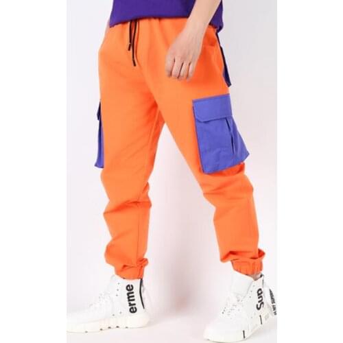 Mens pants stage personality Orange beautiful contrast color stitching pant men trousers singer street Stereo pocket b623