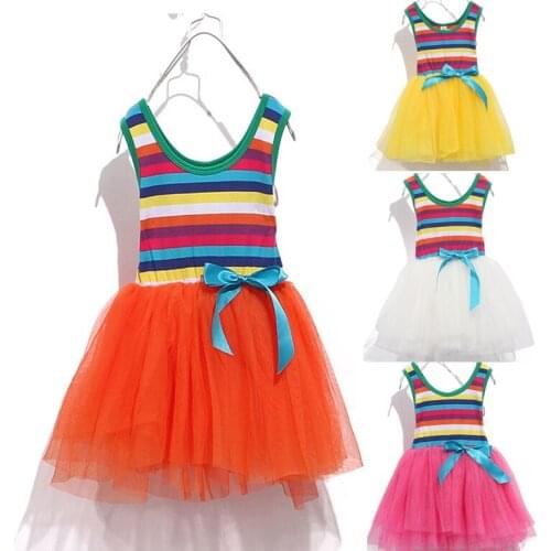 New girls Rainbow striped vest dresses lace tulle dresses kids tank one-piece dress childrens summer wear clothing