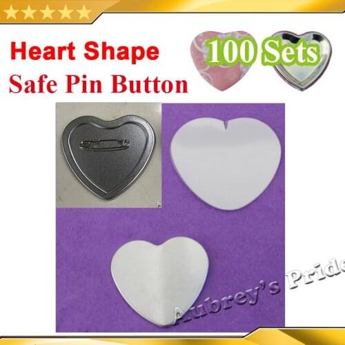 Heart Shape 57x52mm Blank 100 Sets Safe Pin Back Metal Button Supply Materials for Steel Badge Button Maker Holder
