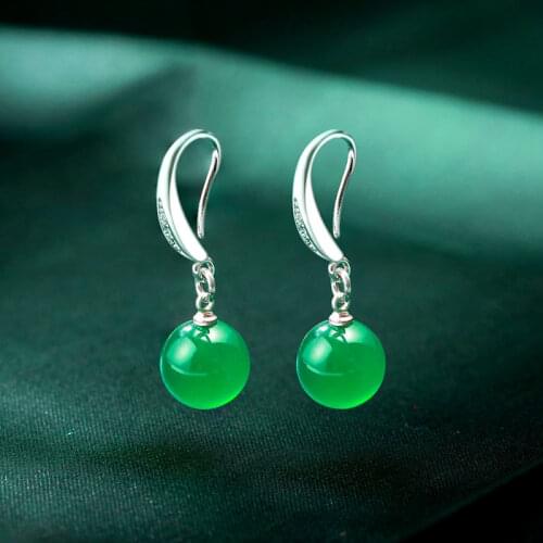 Natural Green Jade Chalcedony Round Earrings 925 Silver Carved Charm Jadeite Jewelry Fashion Amulet for Women Gifts