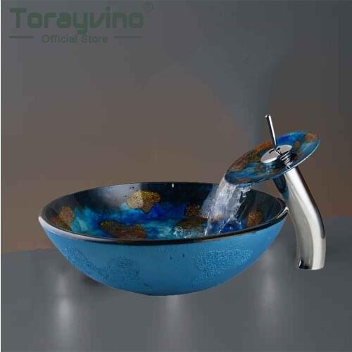 Bathroom Glass Basin Hand Painted Round Waterfall Basin Faucet Tempered Vessel Faucets Set