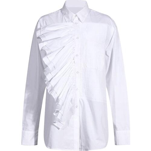 Women White Cotton Blouse Asymmetrical Loose Ruffles Shirt Tops