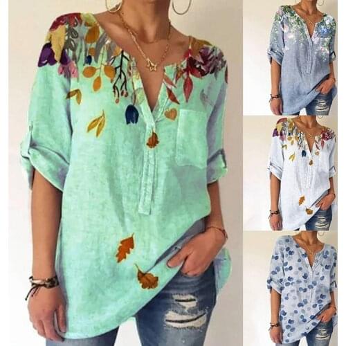 Street Style Lady Fashion Casual Tops Summer Loose Elegant Pullover Shirts For Women V Neck Printed Short Sleeve Vintage Blouse