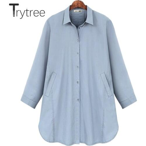 Trytree 2021 Spring Autumn Women Blouse Casual Cotton Blend Turn-down Collar Pockets Shirts Office Lady Solid Tops For Women
