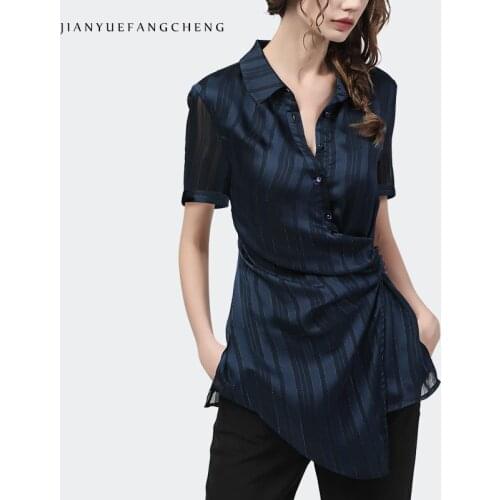 Irregular Long Women Chiffon Tops POLO Shirt Dark Blue Striped Short Sleeve Turn-down Collar Hang buckle Shirt Summer Blouses