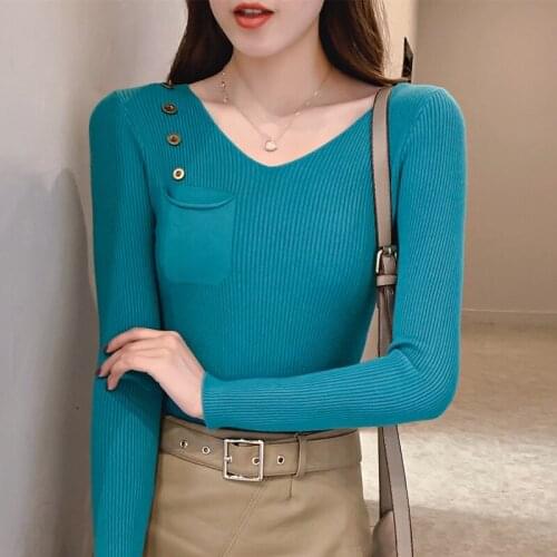 Pocket V Neck Sweater Women 2020 Casual knitted Pullovers Tops Fashion Elastic Long Sleeve Sweaters Female Pull Femme Autumn New