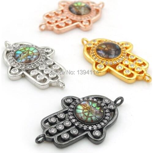 25*16*3mm Micro Pave Clear CZ Gridding Abalone Shell Round Relief Hand Connectors Fit For Men And Women Making Bracelets Jewelry