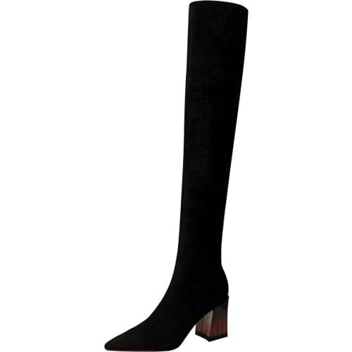 Thigh High Boots Womens Shoes Fashion Red Block Heel Point Toe Faux Suede Shoes Laidies Velvet Lining Winter Boot Winter Shoe