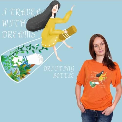 Drift bottle girl Stickers on Clothes Garment Accessories Patches for clothing Cheap Heat Transfer PVC Patch