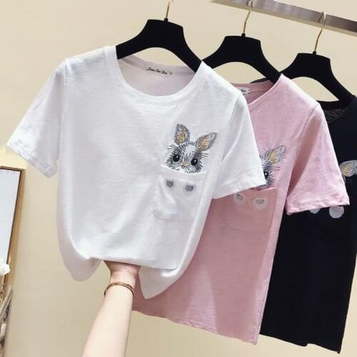 Gkfnmt T shirt Women Plus Size Black Embroidery Rabbit Summer Tops Cotton White Female Tshirt Short Sleeve Tee Shirt Femme 2019