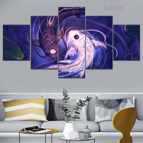 Chinese Style Hd Animal Printed Canvas Painting Catfish Print 5 Piece Set Modular Picture Home Decoration Living Room Frameless