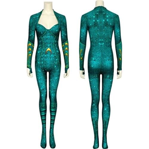 Adult Women Queen of Atlantis Mera Jumpsuit Cosplay Costume Fancy Halloween Masquerade Green Bodysuit