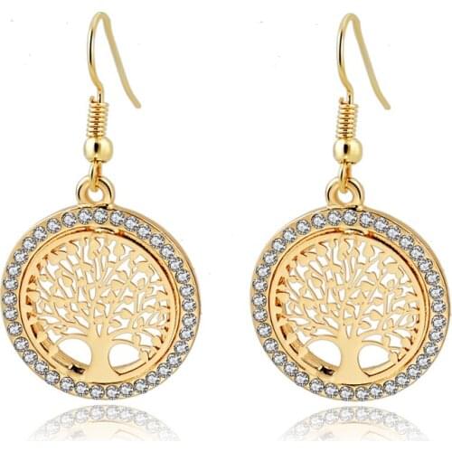 Summer Gold Color Round Pendant Dangle Earring With Crystal Hot Vintage Tree Pattern Women Jewelry Earrings Brinco Ser160008