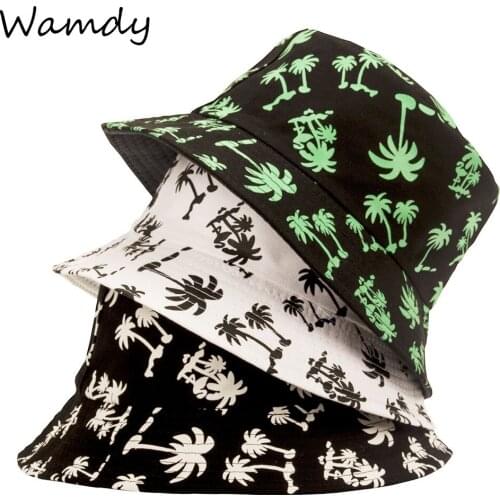 Summer Fisherman Hat Reversible Bucket Hats For Women Men Street Hip Hop Bucket Cap Vintage Printed Coconut Tree Fishing Hat
