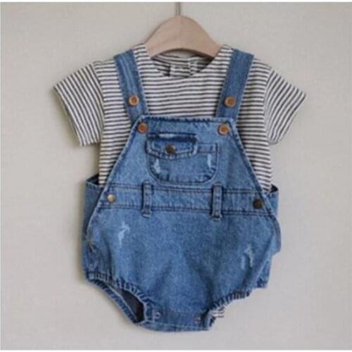 2021 Summer Boy Girl Children Short Sleeve T-shirt + Cowboy Romper Suit Infant Baby Boy Girl Sets Kids Baby Boy Girl Clothes