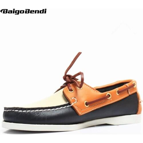 Big Size 37-46 Boat Shoes Men Genuine Leather Mixed Colors Lace Up Loafers Leisure Man Casual Driving Car Shoes Classical