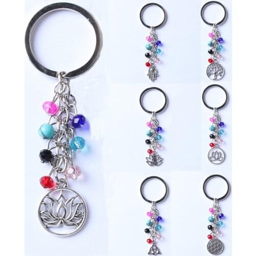 Fashion Multicolor Yoga Healing Natural Stone 7 Chakra Pray Keychain Car Key Chain Ring Evil Eye Charm Pendant Key Chain For Bag