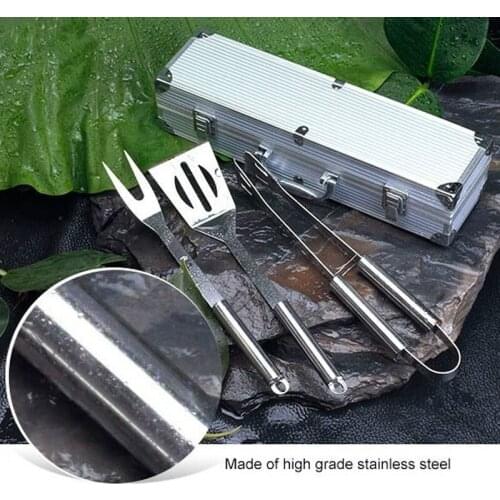 3 pcs Stainless Steel BBQ Set Aluminum Carrying Case Barbecue Grilling Tool BBQ Fork+BBQ Tongs+BBQ Spatula