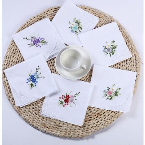 5Pcs/Set 11x11 Inch Womens Cotton Square Handkerchiefs Floral Embroidered with Butterfly Lace Corner Pocket Hanky