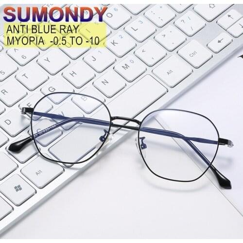 SUMONDY Anti Blue Light Myopia Glasses -0.5 TO -10 Men Women Fashion Alloy Frame Prescription Spectacles For Shortsighted UF114