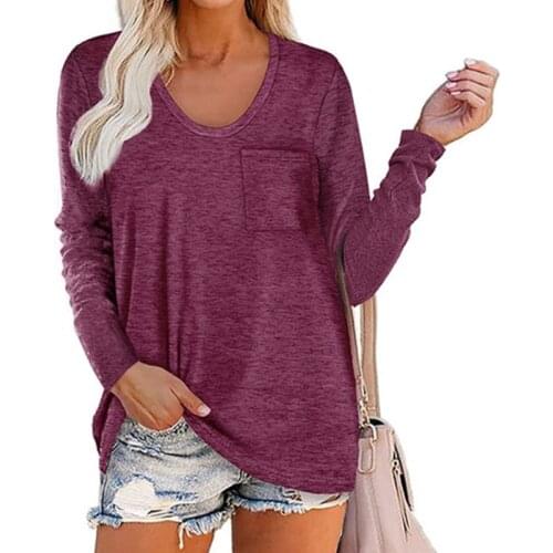 Solid T-shirt Woman Long Sleeve Tops Tee Shirts Pocket Casual Loose O-neck Top Spring Autumn Female T Shirt