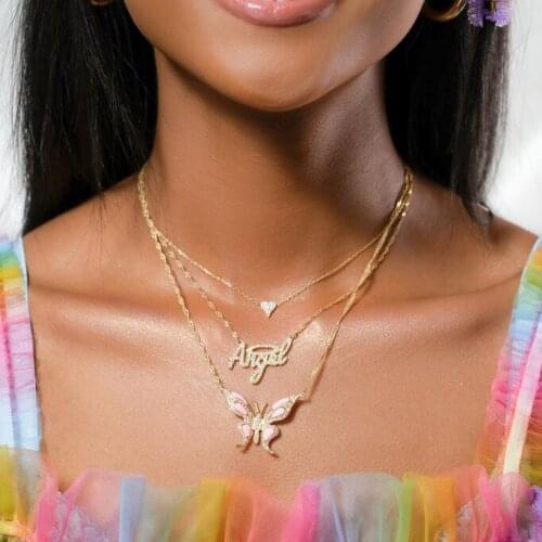 Wholesale animals style pendant wholesale 5A cz paved pink sea blue enamel butterfly Charm Necklace Jewelry For women wedding