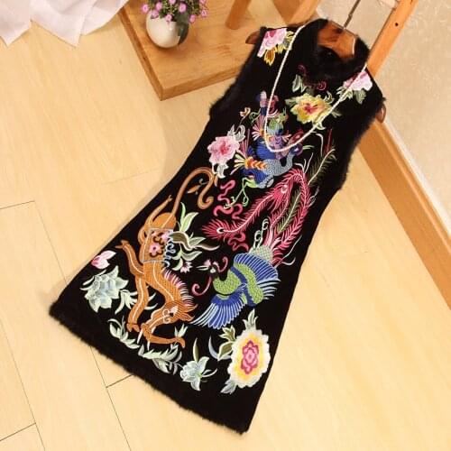 Autumn Winter Retro Women Sleeveless Dress Vintage Embroidery Dragon Phoenix Chinese Style Elegant Lady Loose Velvet Dress S-3XL