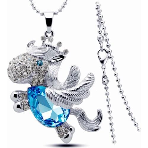 Tassina Women Crown Horse Crystal Rose Gold Color Party Blue long Necklaces Pendants Drop Shopping Fashion Jewelry Neckless