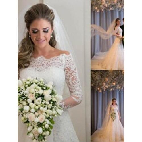 Trumpet/Mermaid Long Sleeves Off-the-Shoulder Sweep/Brush Train Applique Lace Tulle Wedding Dresses Custom Made Bridal Bride