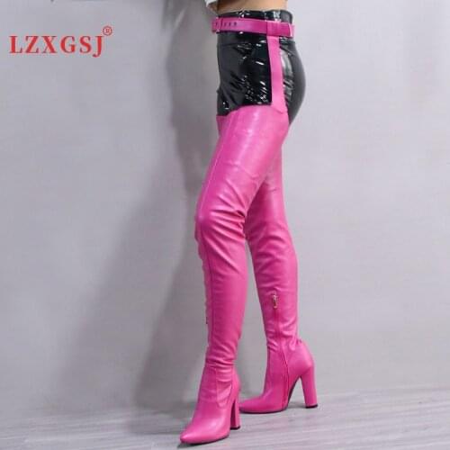 Sexy Pointed Toe Thick High Heels Thigh Boots Belt Over The Knee Black Boots Plus Size 43 2021 Autumn Fashion Female Shoes