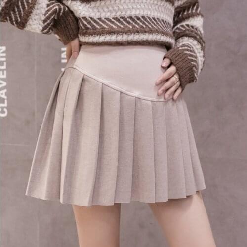 Chis Woolen Maternity Skirts A Line Pleated Belly Mini Skirts Clothes for Pregnant Women Autumn Winter Ins Pregnancy