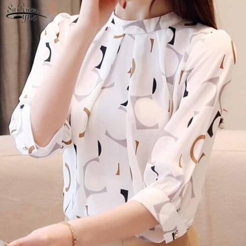 Print Chiffon Blouse Women Shirts White Blouse Gentle Female Shirt Office Ladies Tops Blusas Mujer De Moda Tops and Blouses 2480
