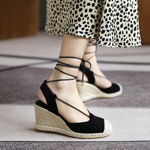 Roman Style Ankle Strap Woven Wedge Platform Platform Shoes Flock Stitching Tweed Cloth Hand Stitched Sole Fashion Pumps