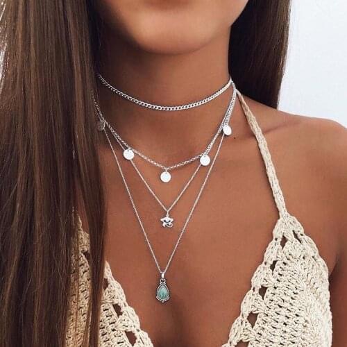 Vintage Multilayer Chains Round Sequins Water Drop Gem Pendant Necklace for Women Bohemian Geometric Necklace Jewelry YN1680