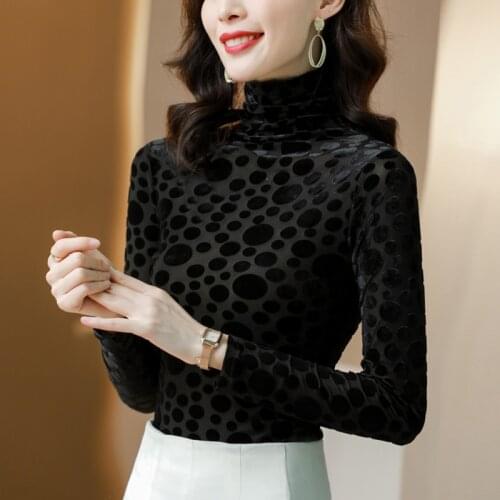 COIGARSAM 3XL Plus Size Full Sleeve blouse women New Polka Dot Turtleneck blusas womens tops and blouses Black 1375