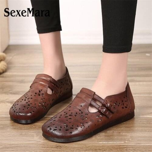 SexeMara Women Genuine Leather Flat Shoes cutout loafers slip on Breathable Spring Casual Ladies shoes woman Flats zapatos mujer
